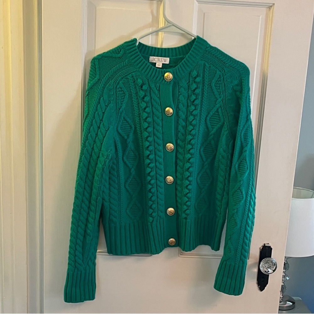 J. Crew Emerald Cable Knit Cardigan with Gold Buttons